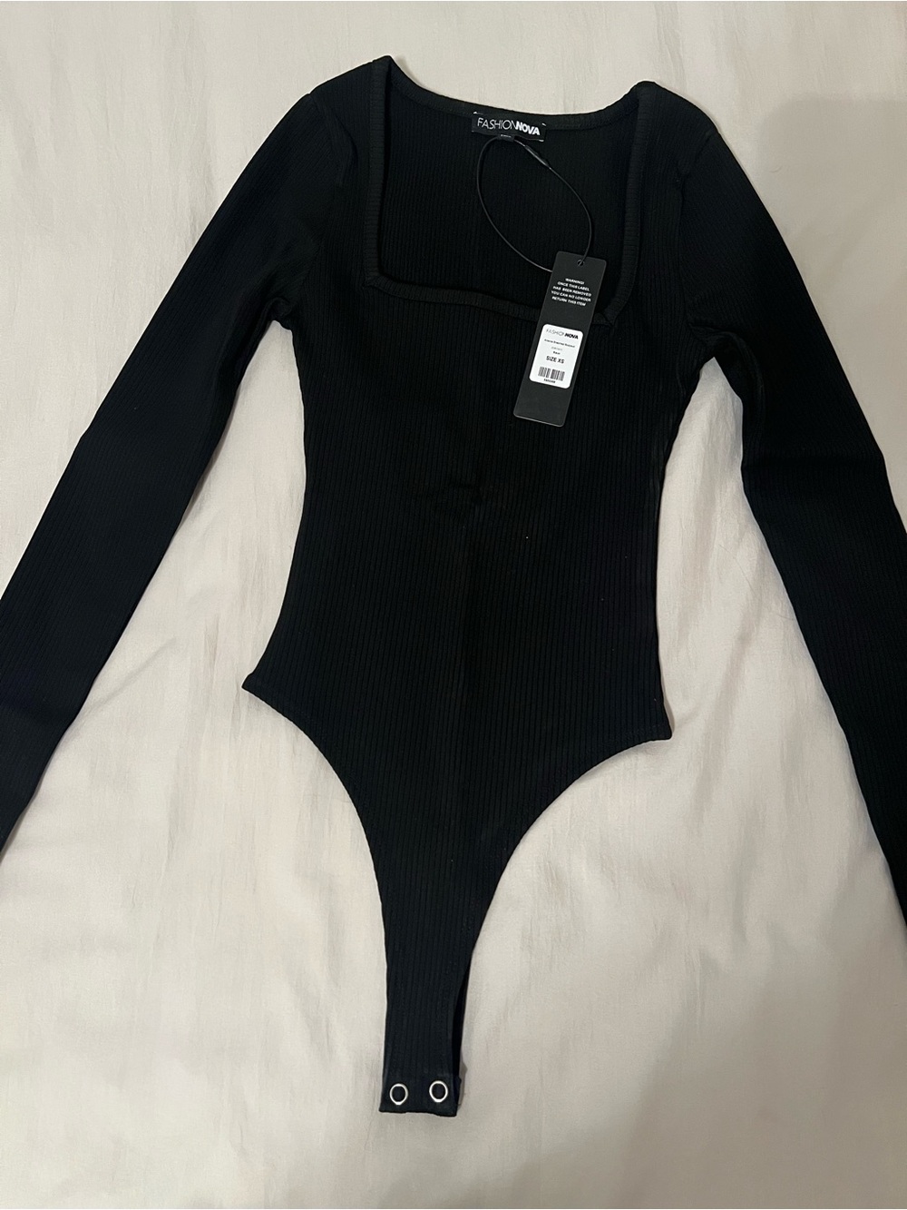 Fashion Nova Black Ribbed Square Neck Long Sleeve Bodysuit